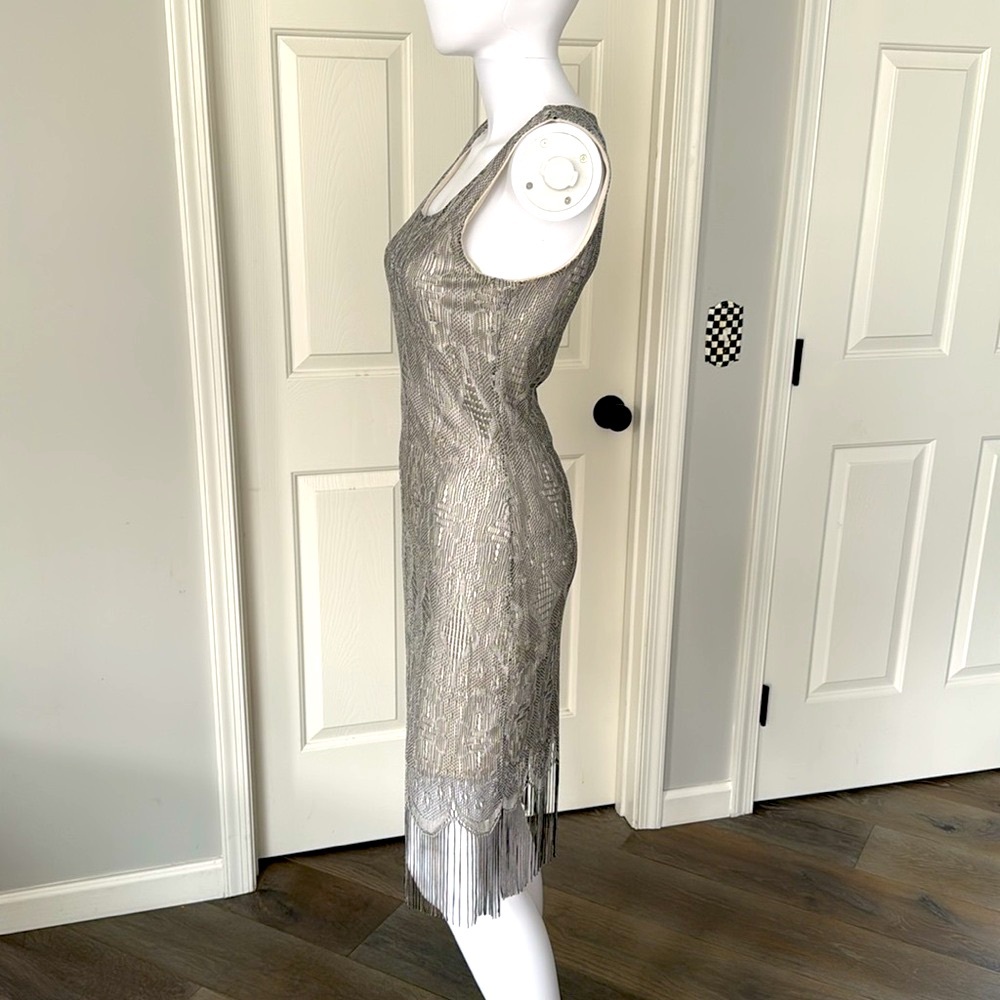 Silver Lace Crochet Bodycon Lined Dress with Fringe Hem Scoop Neck Sleeveless S - Picture 5 of 11